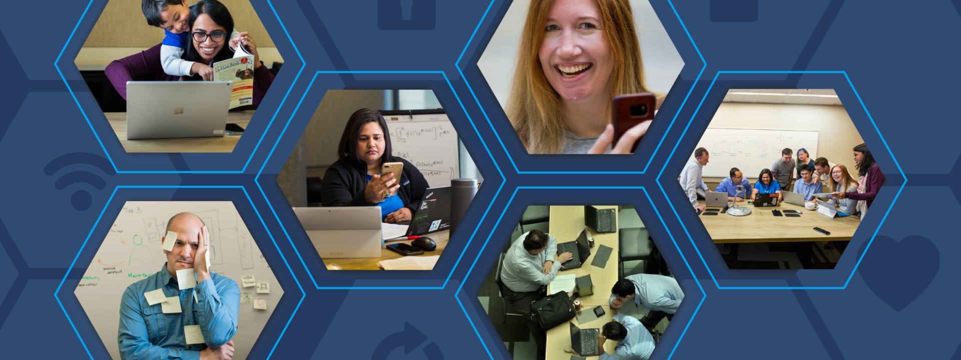 A collage of information workers displaying a range of emotions while at work.