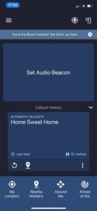 Soundscape home screen comprising of status bar, Set Audio Beacon button, and History pane displaying a callout for a Marker called “Home Sweet Home”, and main action buttons on the bottom navigation bar.