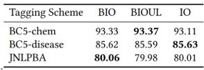 A table shows the comparison of entity-level F1 for biomedical named entity recognition (NER) using different tagging schemes and the standard PubMedBERT.