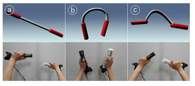 Figure 2: The bonds can be (a) rigid to create an experience such as holding a solid bar with two hands, (b) soft to create deformable and pliable objects, or (c) dynamic and capable of rendering inertia and oscillations to perceive objects like elastic ropes.