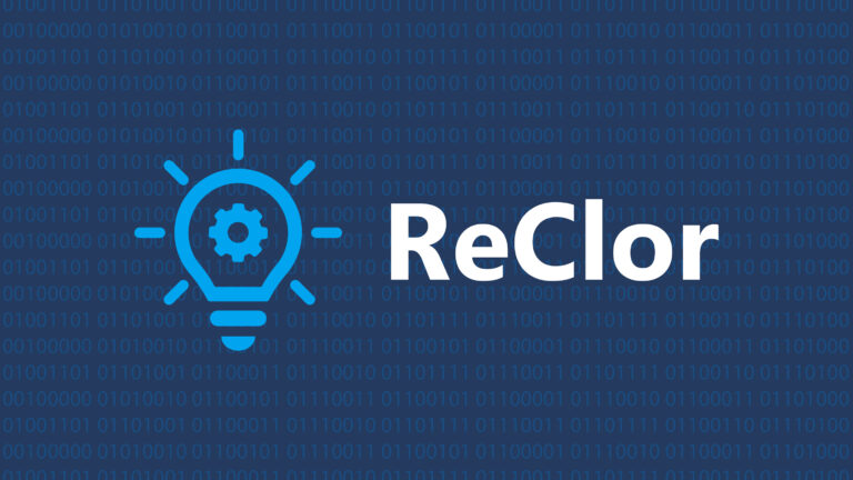 Graphic with the word ReClor in the center along side an icon of a lightbulb. Binary code makes up the backdrop of this graphic.