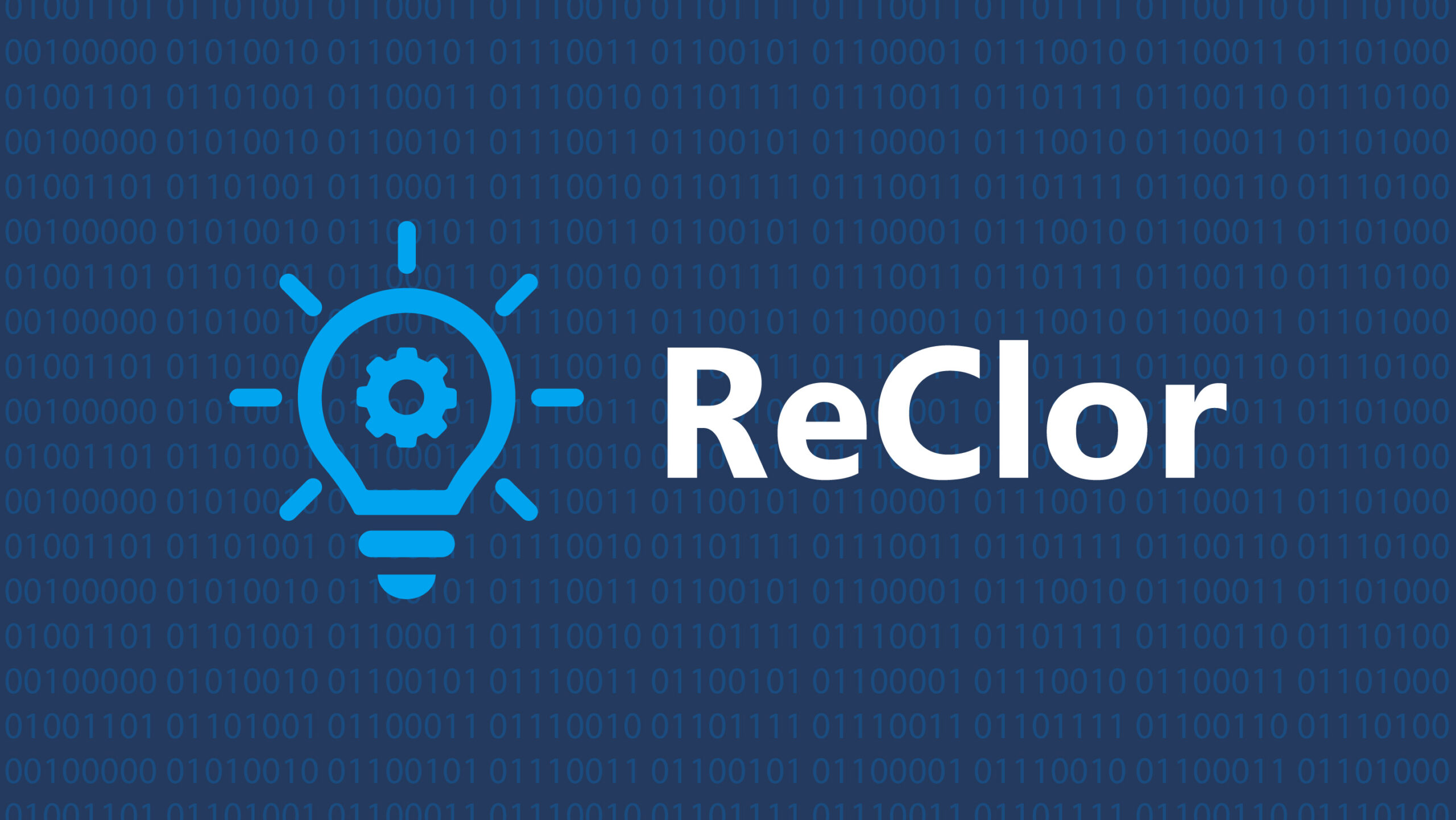 Graphic with the word ReClor in the center along side an icon of a lightbulb. Binary code makes up the backdrop of this graphic.