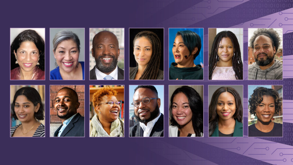 A compilation of the headshots of the 14 speakers in the lecture series. Seven headshots in the top row and seven in the bottom row set against a purple background incorporating representations of circuits and binary code. 