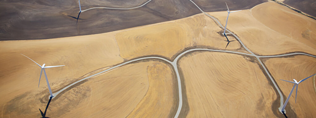 sustainability - aerial view of a windfarm in an arid area