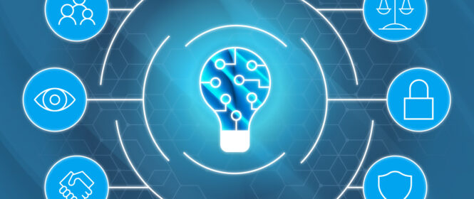 blue graphic with a light honeycomb pattern background featuring a lightbulb in the middle and various icons around it: handshake, eye, connected people, balanced scale, lock, and shield