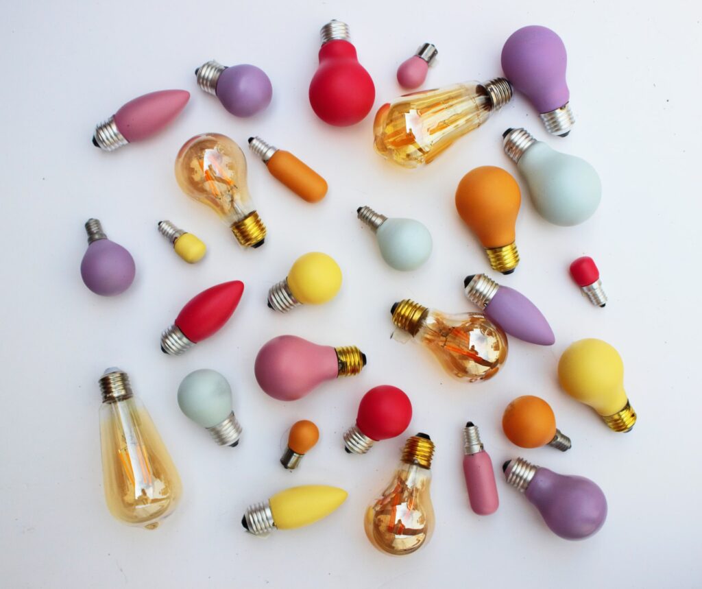 several lightbulbs in various colors