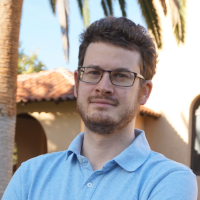 a man in a blue shirt