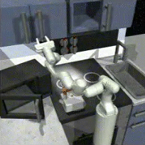A short clip showing a robotic arm interacting with a kitchen environment performing a specific task.