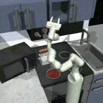 A short clip showing a robotic arm interacting with a kitchen environment performing a specific task.