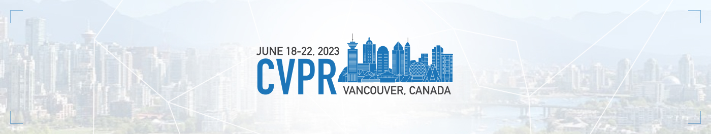 Logo for the CVPR 2023 conference showing the Vancouver, British Columbia skyline with the conference dates, June 18–23, 2023. In the background, there is a faded photo of the city of Vancouver on a sunny day.