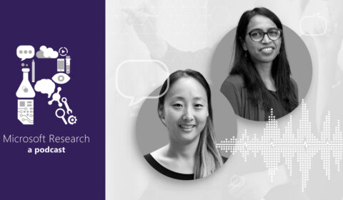 black and white photos of Principal Researcher Dr. Jina Suh and Principal Applied and Data Science Manager Dr. Shamsi Iqbal, next to the Microsoft Research Podcast "R" logo