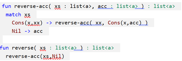 FP2: Fully In-Place Functional Programming - reverse list code in Koka