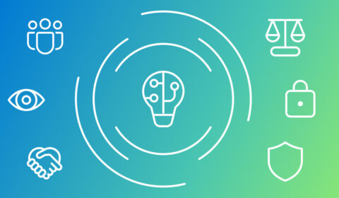 Blue green gradient with a lightbulb icon centered. Six icons surround it: (left to right) group of people, eyeball, shaking hands, set of scales, lock, and shield.