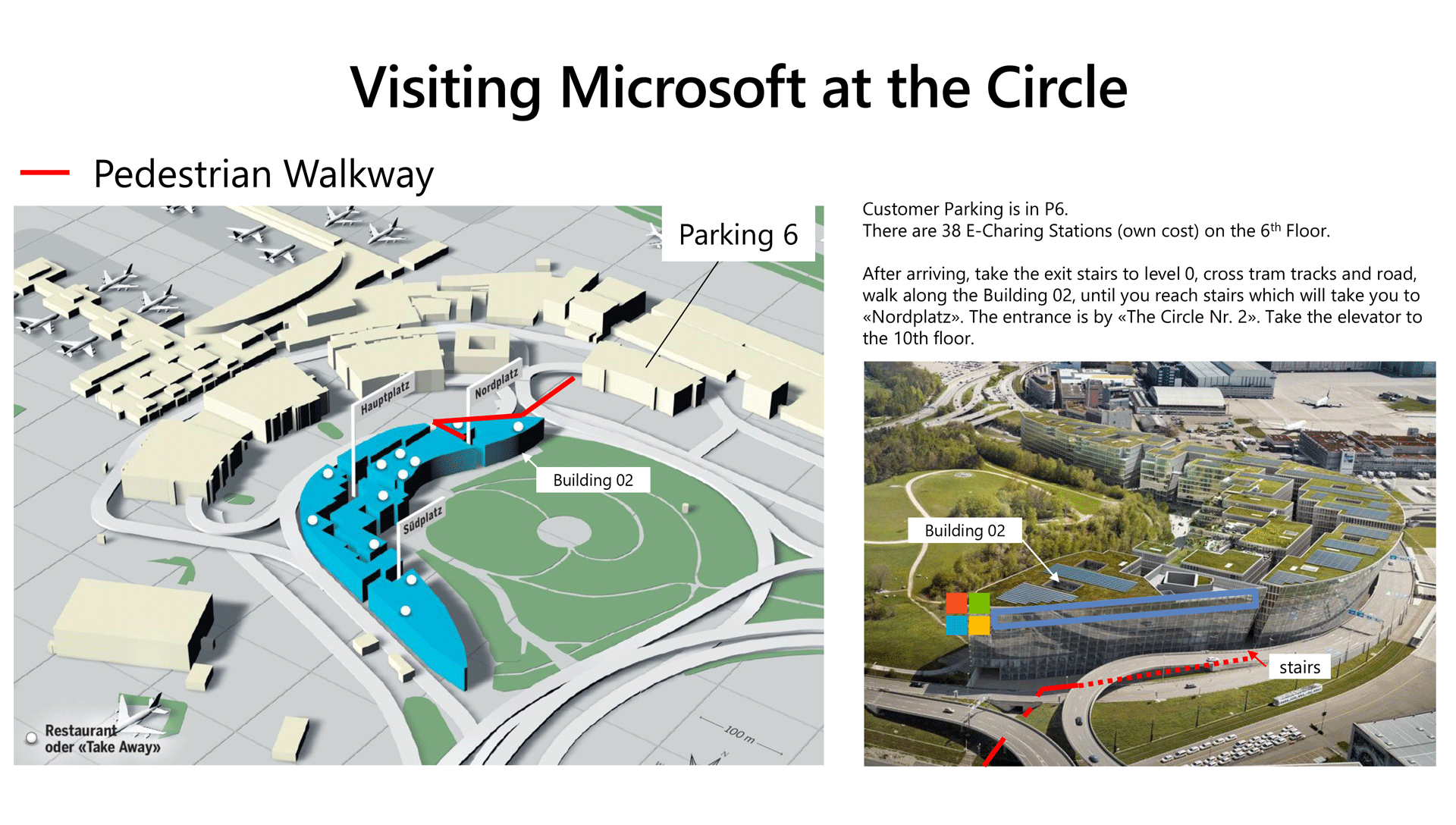 a map showing the pedestrian walkway of how to visit Microsoft Switzerland at the Circle
