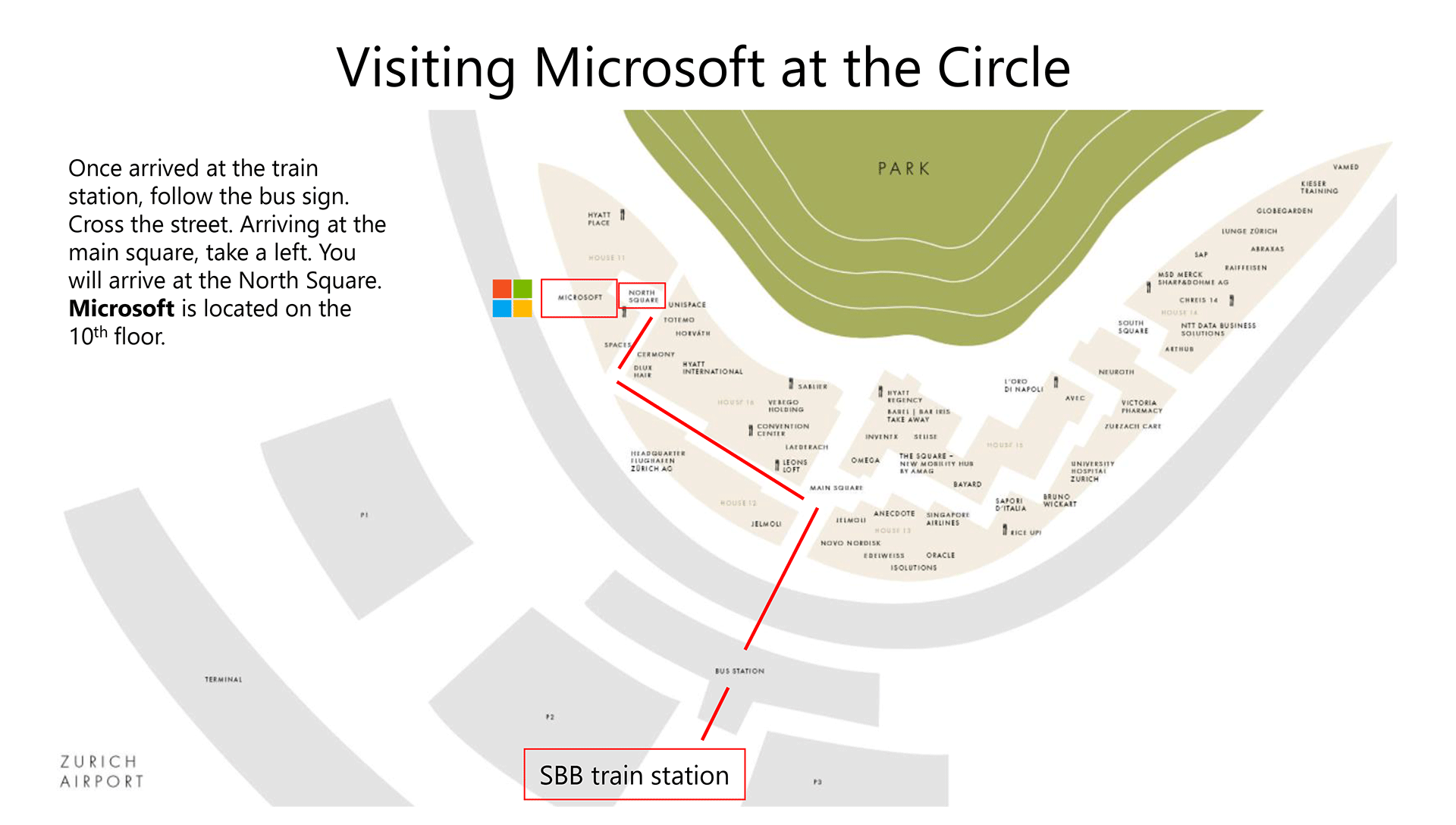 A map showing how to visit Microsoft Switzerland at the Circle by bus