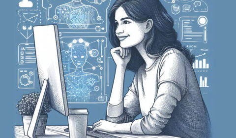 AI-generated image of a woman in front of a computer screen