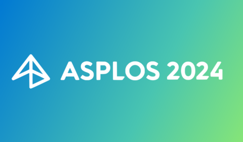 ASPLOS 2024 logo in white on a blue and green gradient background