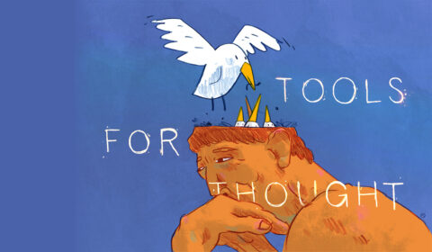 An illustration of the top of the statue of The Thinker by Rodin. There is a nest in his head, with three chicks sticking out, and their parent bird flying above.