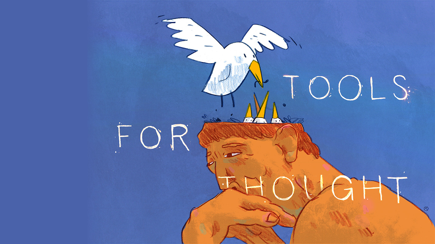 An illustration of the top of the statue of The Thinker by Rodin. There is a nest in his head, with three chicks sticking out, and their parent bird flying above.