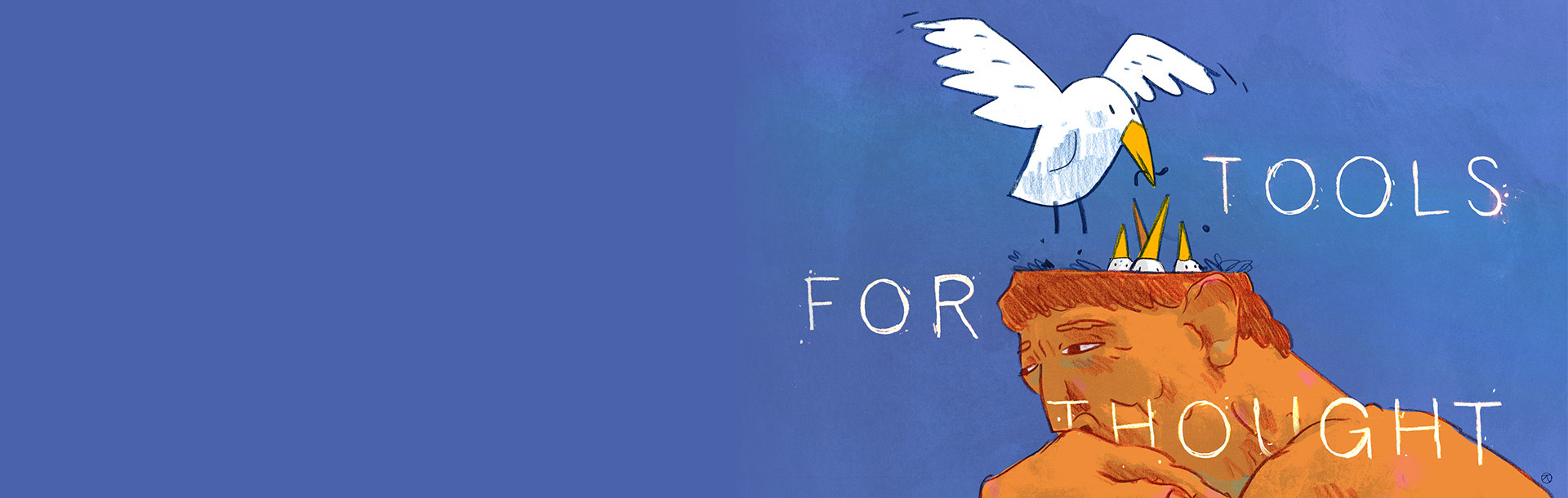 An illustration of the top of the statue of The Thinker by Rodin. There is a nest in his head, with three chicks sticking out, and their parent bird flying above.