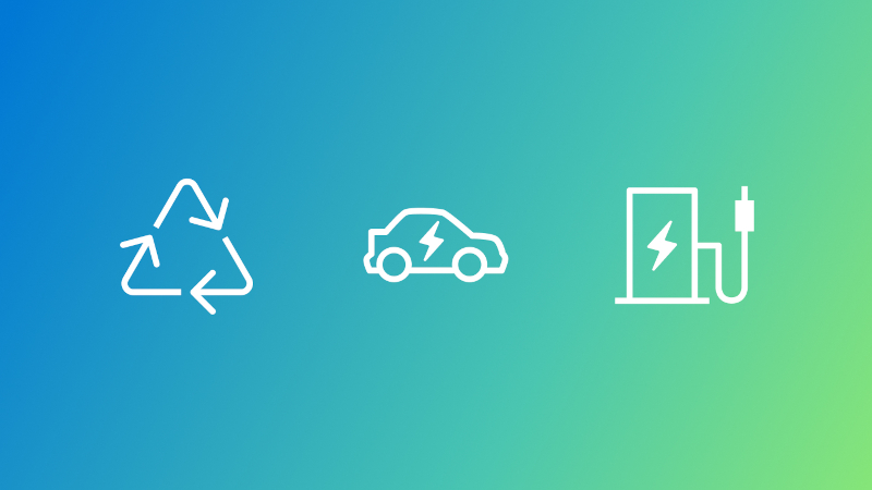 MSRA - Nissan | data driven model improves accuracy in predicting ev battery degradation | graphic with white icons symbolizing renewable electric energy on a blue and green gradient background