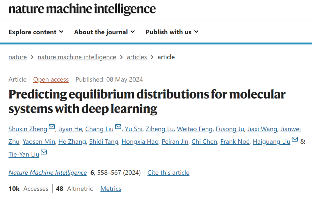 nature machine intelligence: Predicting equilibrium distributions for molecular systems with deep learning