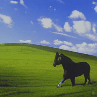 a horse standing on top of a lush green field
