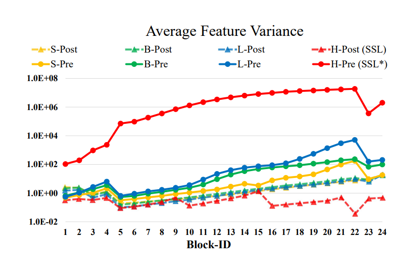 图2:各种大小模型的各层激活值。H大小的模型是在自监督学习阶段训练的,而其他规模的模型则是由分类任务训练的。*表示使用了模型崩溃前第40轮的模型权重。