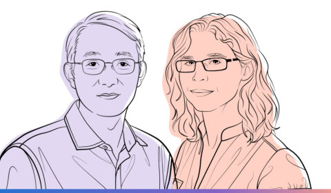 Illustrated headshots of Lidong Zhou and Eliza Strickland