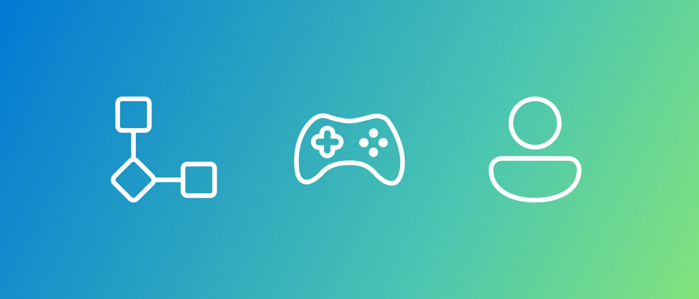 Three white gaming icons on a green and blue gradient background.