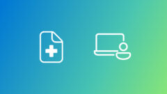 white line icon of a medical paper and of a computer with a person in front of it on a blue and green gradient background