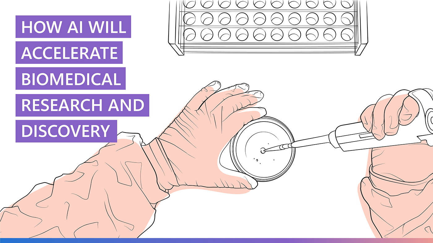 Illustration of two gloved hands conducting a laboratory experiment—one holding a petri dish, the other using a pipette to add liquid. A tray with multiple wells is visible above. Text on the left reads: 'HOW AI WILL ACCELERATE BIOMEDICAL RESEARCH AND DISCOVERY'.
