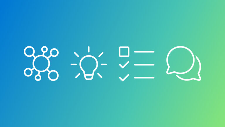 The image features four white icons on a gradient background that transitions from blue on the left to green on the right. The first icon is a network or molecule structure with interconnected nodes. The second icon is a light bulb, symbolizing an idea or innovation. The third icon is a checklist with three items and checkmarks next to each item. The fourth icon consists of two overlapping speech bubbles, representing communication or conversation.