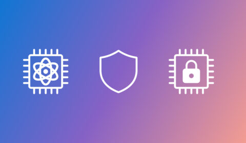 The image features a gradient background transitioning from blue on the left to pink on the right. In the center, there are three white icons. On the left is a microchip icon that represents quantum computing, in the middle is a shield, and on the right is another microchip with a padlock symbol inside it.