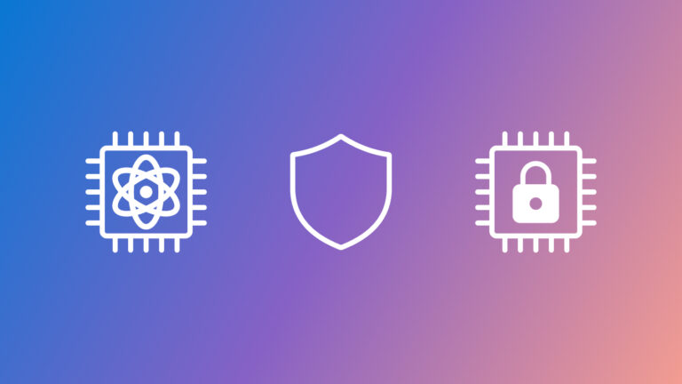The image features a gradient background transitioning from blue on the left to pink on the right. In the center, there are three white icons. On the left is a microchip icon that represents quantum computing, in the middle is a shield, and on the right is another microchip with a padlock symbol inside it.