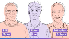 Illustrated headshot of Bill Gates, Peter Lee, and Sébastien Bubeck.