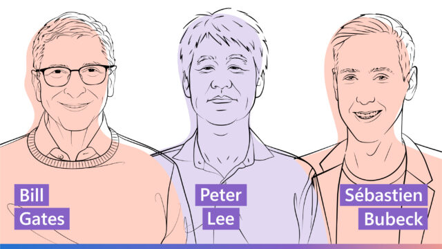 Illustrated headshot of Bill Gates, Peter Lee, and Sébastien Bubeck.