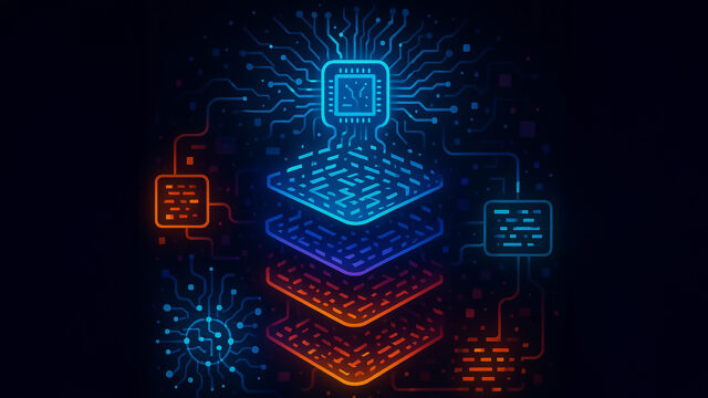 Stylized digital illustration of a multi-layered circuit board. A glowing blue microchip sits at the top center, with intricate circuitry radiating outward. Beneath it, four stacked layers transition in color from blue to orange, each featuring circuit-like patterns. Smaller rectangular and circular components are connected around the layers, all set against a dark background with scattered geometric shapes.