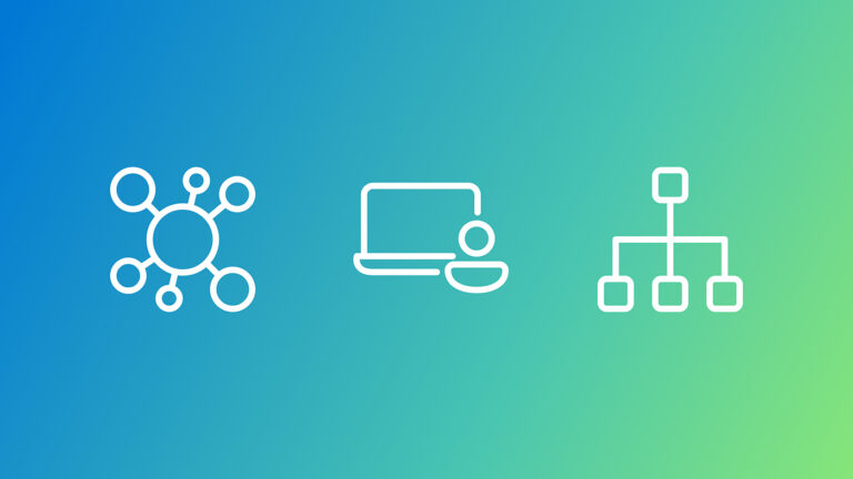 The image features four white icons on a gradient background that transitions from blue on the left to green on the right. The first icon is a network or molecule structure with interconnected nodes. The second icon shows a stylized person in front of a computer screen. The third icon shows an organization tree with one main node and three nodes branching out side by side below it.
