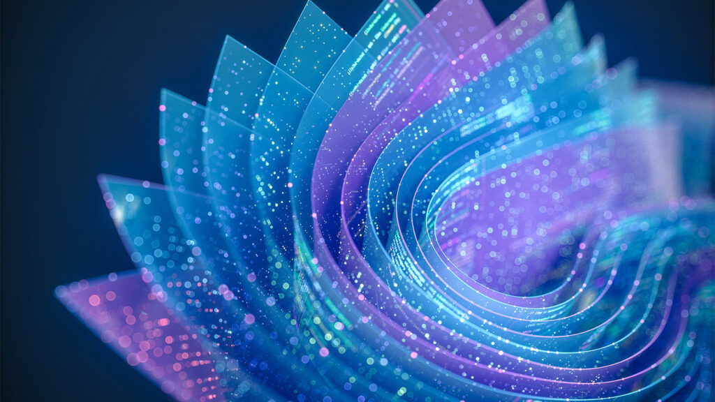 LINGUA Open Call | abstract fan of blue and purple digital ribbons