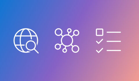 Three white icons on a gradient background transitioning from blue to purple to pink. From left to right: a globe with a magnifying glass representing internet search, a central circle connected to smaller circles symbolizing network connectivity, and a checklist with two checkmarks and one empty box indicating task management.