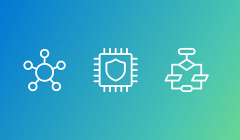 Three white icons on a blue-to-green gradient background: the first icon shows a circle with connected nodes, the second shows a circuit, and the third shows a flowchart