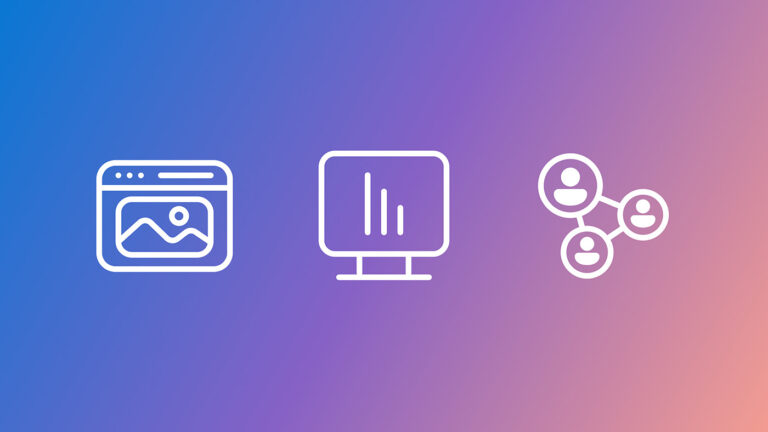 Three white icons on a blue-to-purple gradient background: the first icon shows an image/photo; the second icon depicts a computer monitor with vertical bars; the third icon displays three connected circles with user silhouettes.