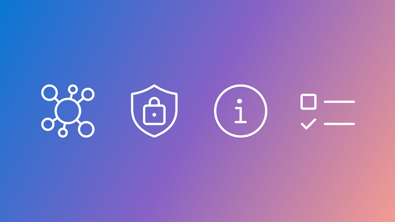Four white line icons on a blue-to-orange gradient background: a network node icon, a security shield with padlock icon, an information icon, a checklist icon