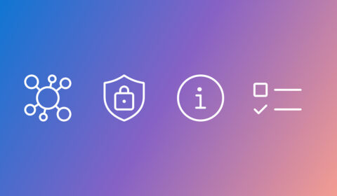 Four white line icons on a blue-to-orange gradient background: a network node icon, a security shield with padlock icon, an information icon, a checklist icon
