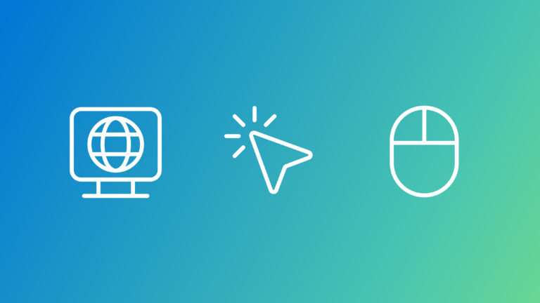 Three white line icons on a blue-to-green gradient background: a computer monitor with a globe symbol on the left, a cursor arrow with click lines in the center, and a computer mouse outline on the right.