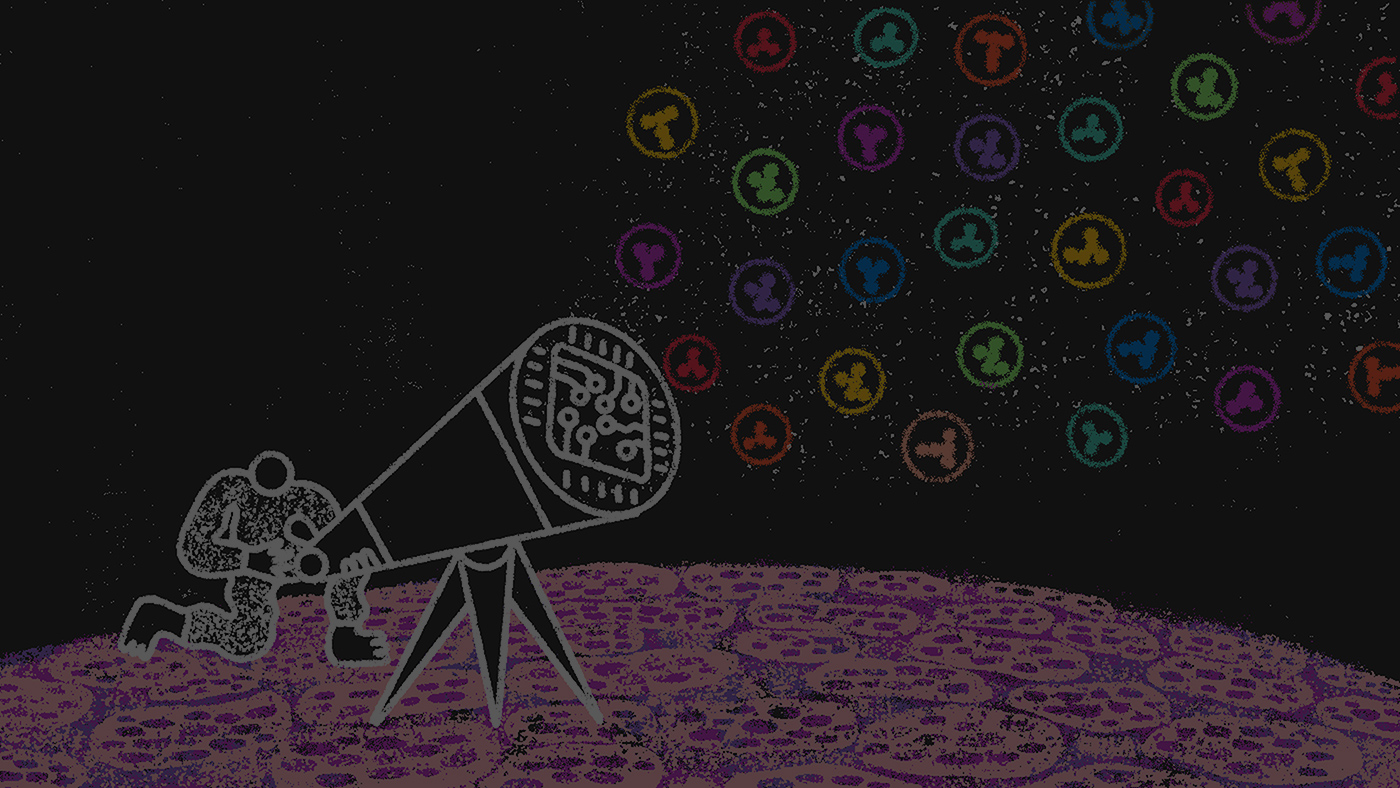 Illustration of a person kneeling and looking through a large telescope on a textured pink surface. The telescope is aimed at a dark sky filled with colorful circular icons, each containing abstract shapes. The telescope itself has circuit-like patterns inside.