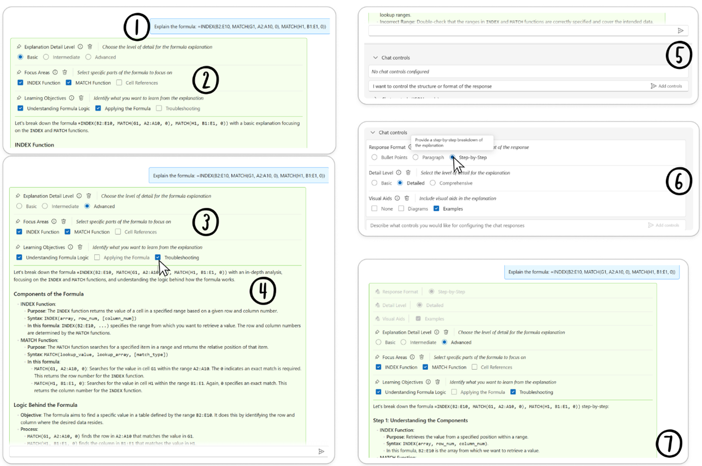 Alt text: How users interacted with the Dynamic PRC system. (1) shows a user input prompt of “Explain the formula” [with a long Excel formula] (2) Three rows of options relating to this prompt, Explanation Detail Level, Focus Areas, and Learning Objectives, with several options for each, preselected (3) User has modified the preselected options by clicking Troubleshooting under Learning Objectives (4) AI response of an explanation for the formula based on the selected options (5) Session chat control panel with text box that the user adds 