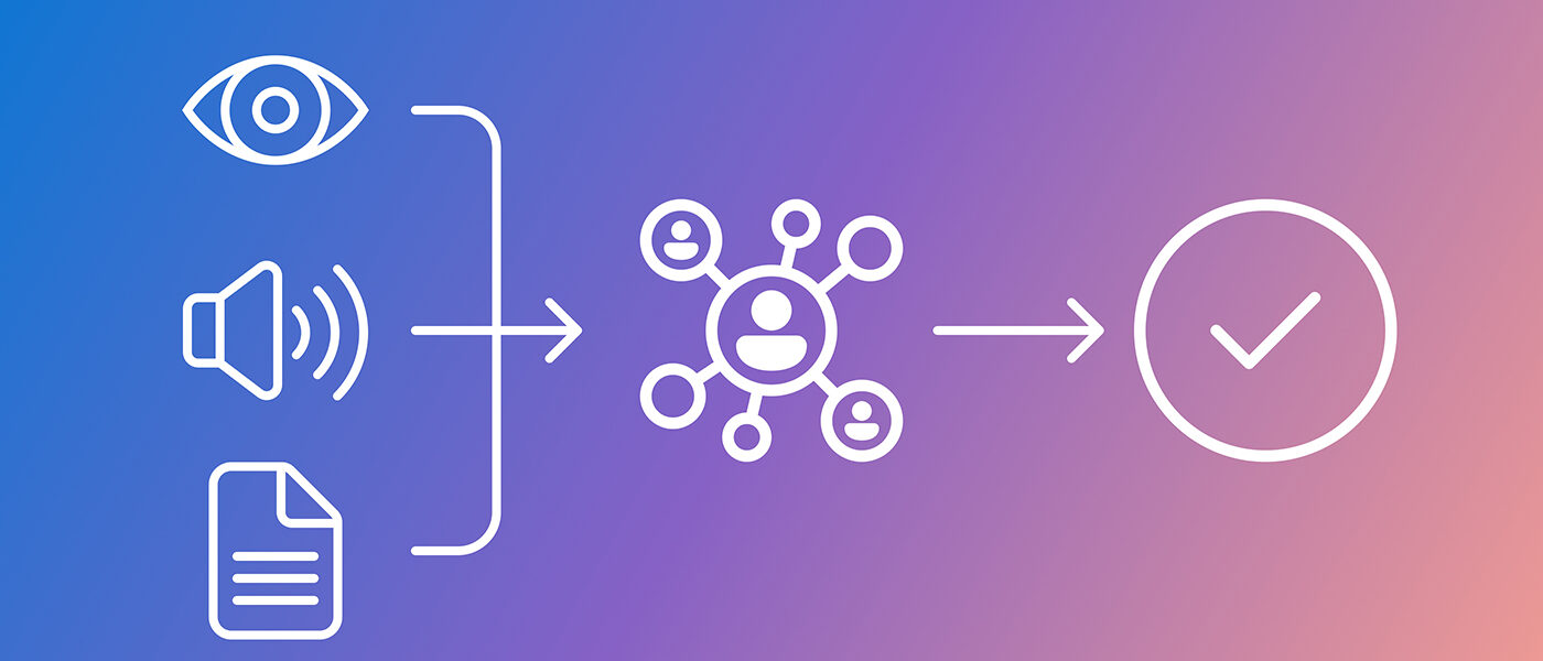 Diagram showing visual, audio, and document icons feeding into a central network icon of connected people, which then leads to a checkmark symbol, all on a blue‑to‑purple gradient background.