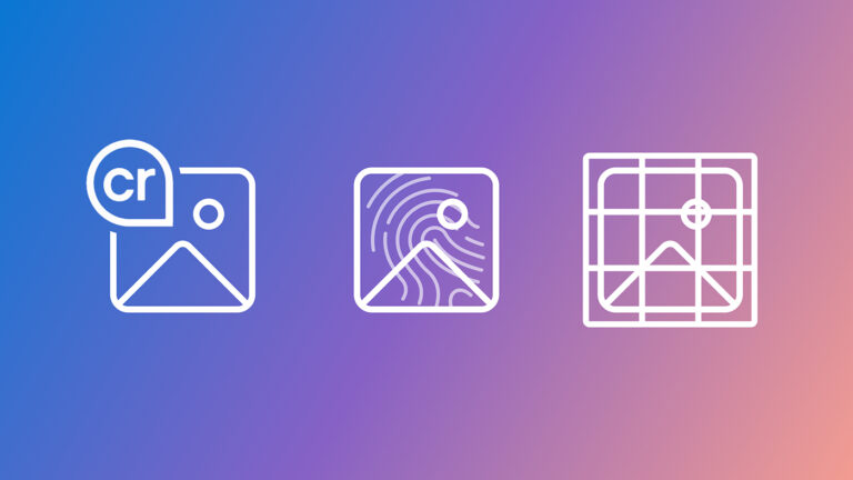 three white outline icons on a blue-to-pink gradient background: an image with a copyright “CR” badge, an image overlaid with fingerprint-like lines, and an image framed by a cropping grid.